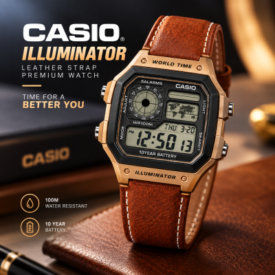 Casio Illuminator Vintage Digital Leather Strap Watch – World Map Display, Long Battery Life, Water Resistant, Formal & Casual Wristwatch with Premium Gift Box & Extra Batteries